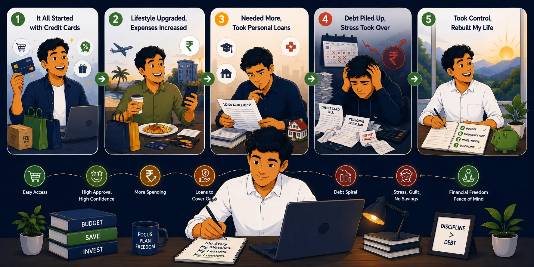 Five-stage illustrated journey showing a man going from getting his first credit card to a debt spiral and finally achieving financial freedom, with stages: It All Started with Credit Cards, Lifestyle Upgraded, Needed More Took Personal Loans, Debt Piled Up, and Took Control Rebuilt My Life