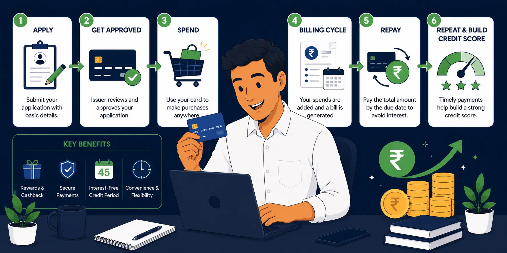Six-step illustrated guide showing how credit cards work: Apply, Get Approved, Spend, Billing Cycle, Repay, and Repeat and Build Credit Score, with key benefits including rewards, secure payments, interest-free credit period and convenience