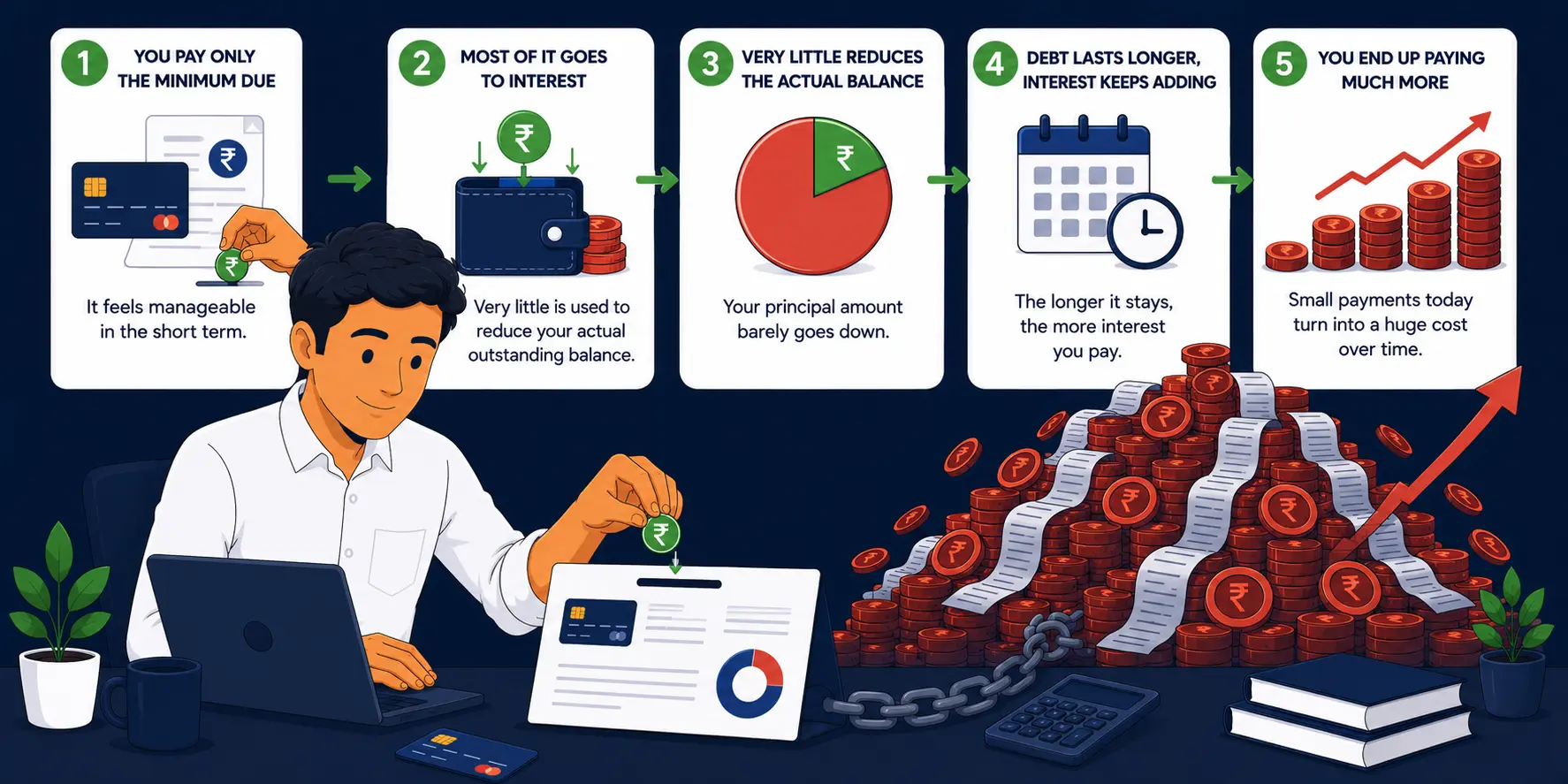 Five-step illustration showing how paying only the minimum due on a credit card leads to a growing mountain of debt: you pay the minimum, most goes to interest, very little reduces the balance, debt lasts longer, and you end up paying much more