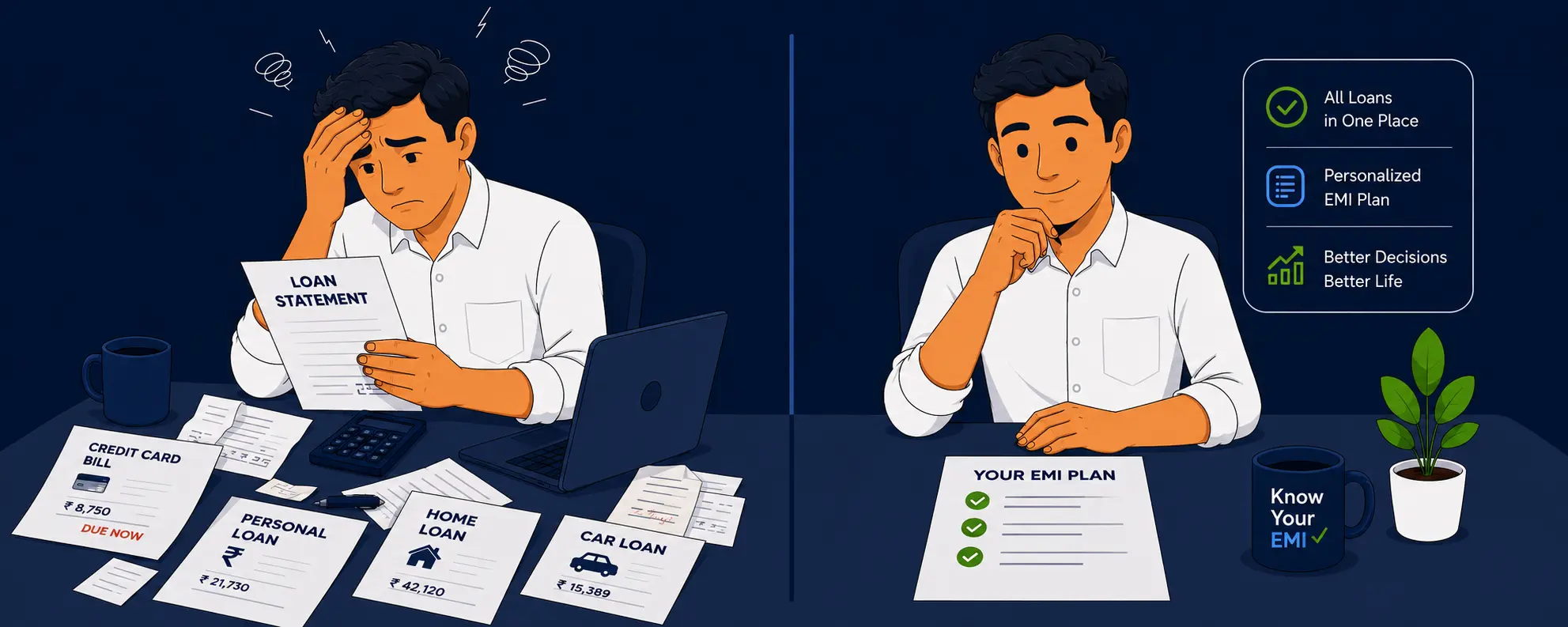 Split illustration: left side shows a stressed Indian man at a cluttered desk with multiple loan statements, credit card bills and EMI reminders; right side shows the same man calm at a clean desk with one EMI plan document and a KnowYourEMI mug